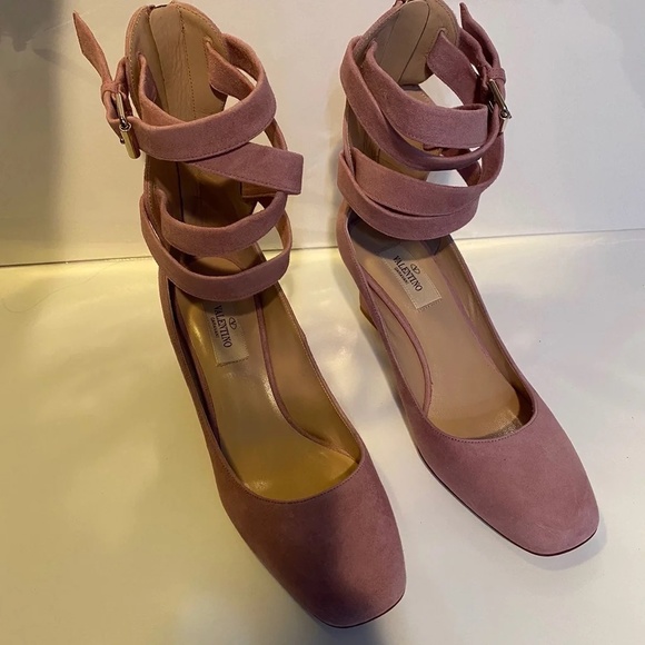 Valentino Plum Suede Ballet Ankle Strap Pumps - Picture 2 of 7